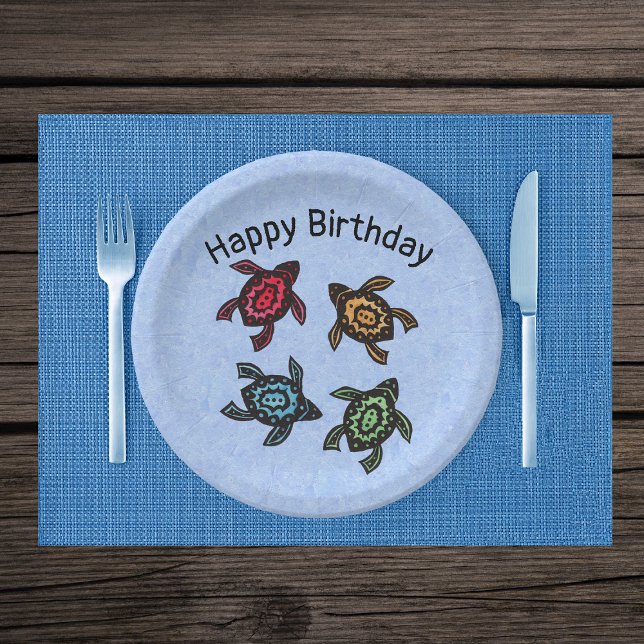 Vier farbige Schildkröten Abstrakte Markierungen a Pappteller (Four colourful turtles black abstract coloured markings on shell on blue Happy Birthday paper plates)
