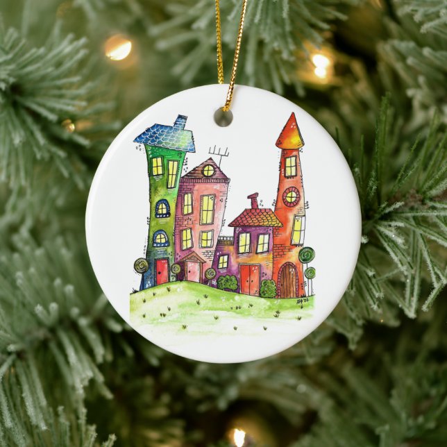 Vier farbige Whimsikhäuser Keramik Ornament (Baum)