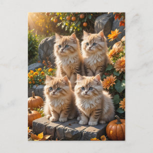 Vier flauschige Herbstkätzchen mit Pumpkins und Mu Einladungspostkarte