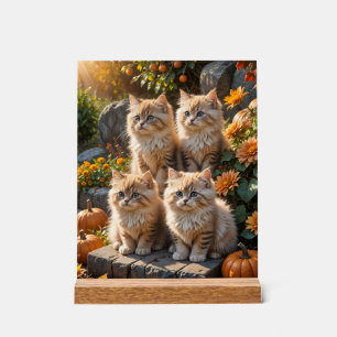 Vier flauschige Kitten im Herbst, Pumpkins und Mum Acrylschild