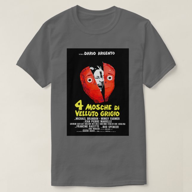 Vier Fliegen auf grauem Velvet 1972 Dario Argento T-Shirt (Design vorne)