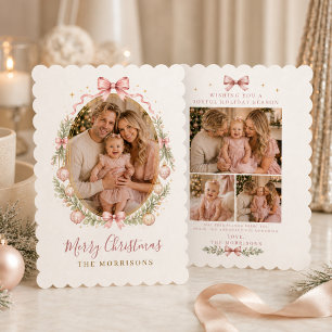 Vier-Foto-Weihnachten-Familie mit rosa Schleife Feiertagskarte