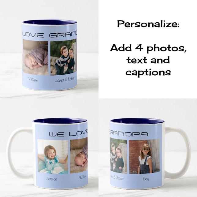 Vier Fotos bearbeiteter Text personalisiert Kaffeetasse (Two-tone coffee mug, navy color choice. 'Design theme' blue)