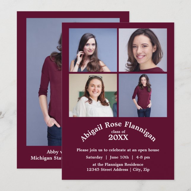 Vier Fotos Collage Burgundy-Grad-Ankündigung Einladung (Vorne/Hinten)