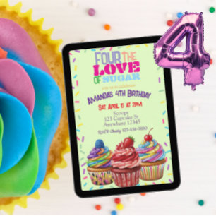 Vier für die Liebe zum Zucker, Cupcake 4. Geburtst Einladung