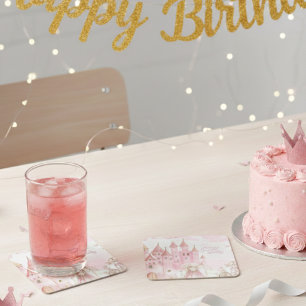 Vier für immer rosa Prinzessinnen-Schloss Geburtst Rechteckiger Pappuntersetzer