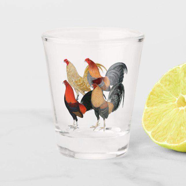 Vier Gamecocks Schnapsglas (Vorderseite)