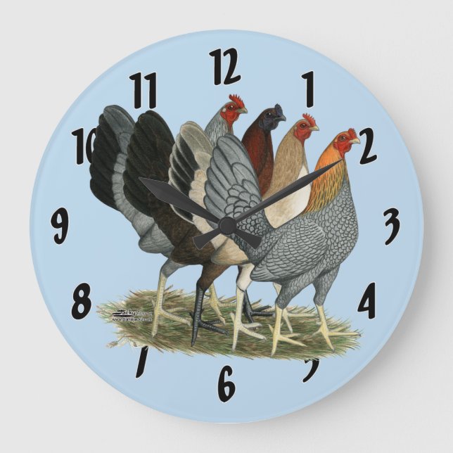 Vier Gamefowl Hennen Große Wanduhr (Vorderseite)