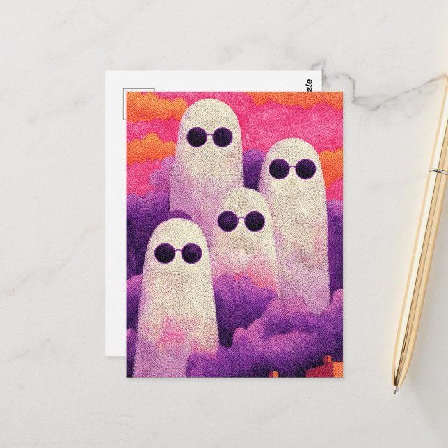 Vier Geister in Sonnenbrille Postkarte (Vorderseite/Rückseite Beispiel)