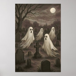 Vier Geister unter dem Vollmond auf dem Friedhof Poster