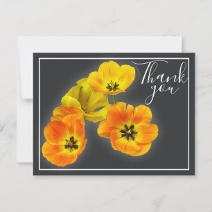 Vier gelbe orange Tulpen grauer Hintergrund Danke Postkarte