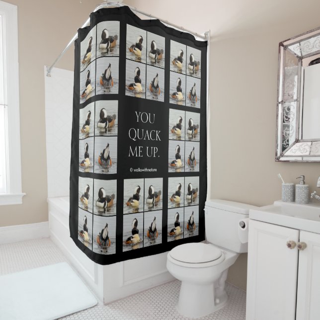 Vier Gesichter von gehobenen Mergansers Kissen Duschvorhang (Beispiel)