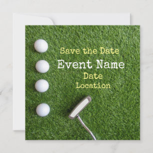 Vier Golfbälle mit Putter Save the Date auf Grün Ankündigung