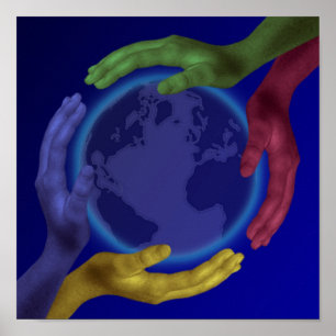 Vier Hände auf dem Earth Poster