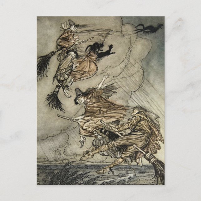 Vier Hexen "Up The Chimney" von Arthur Rackam Postkarte (Vorderseite)