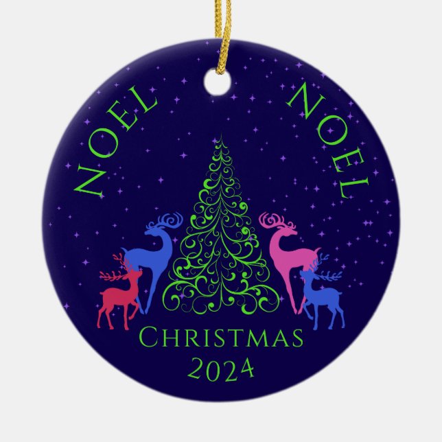 *Vier Hirsche und ein Weihnachtsbaum Keramik Ornament (Vorne)