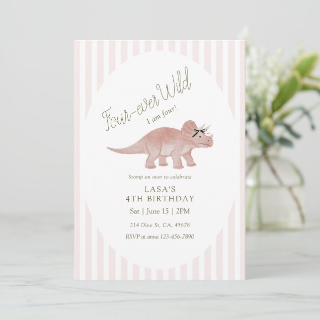 Vier-immer Wilder Dinosaurier-Geburtstag Einladung (Stehend Vorderseite)