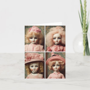 Vier in Rosa gekleidete gruselige Vintage-Puppen Karte