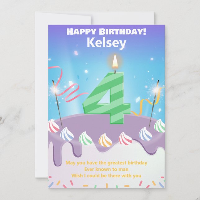 Vier Jahre alt Happy Birthday Card personalisiert (Vorderseite)