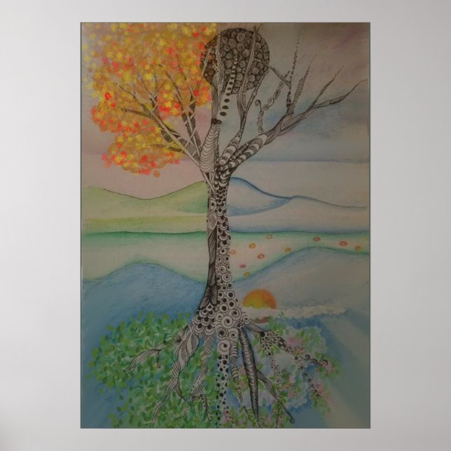 Vier Jahreszeiten Linien Design Baum Poster (Vorne)