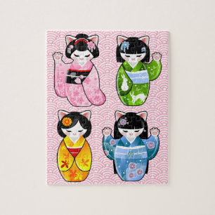 Vier Jahreszeiten Maneki Neko Kawaii Katzen-Kimono Puzzle