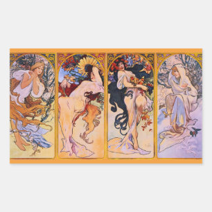 Vier Jahreszeiten von Alfons Mucha Art Deco Nouvea Rechteckiger Aufkleber