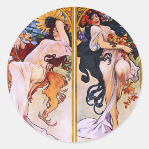 Vier Jahreszeiten von Alfons Mucha Art Deco Nouvea Runder Aufkleber
