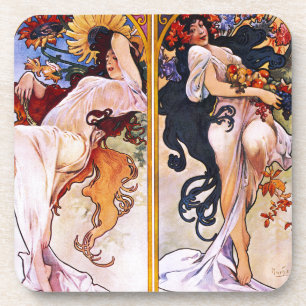 Vier Jahreszeiten von Alfons Mucha Art Deco Untersetzer