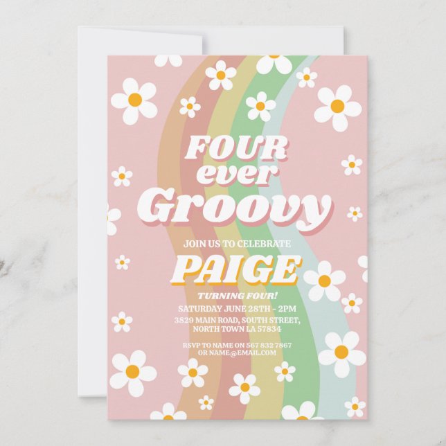 VIER JE Groovy 4th Forever Pink Girl Retro 1970er Einladung (Vorderseite)