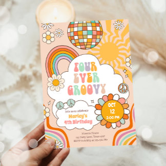 Vier je Groovy Party Retro 70er Rainbow Geburtstag Einladung