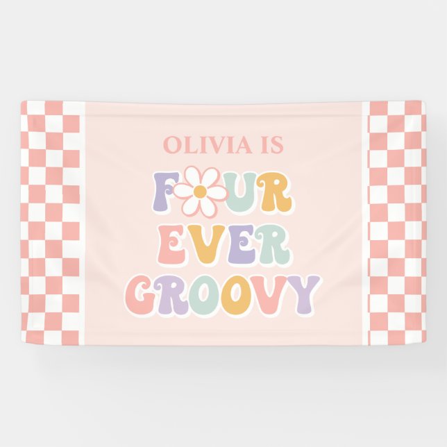 Vier je Groovy Pink Daisy Schachbrett Banner (Horizontal)
