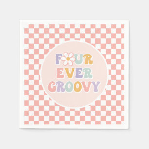 Vier je Groovy Pink Daisy Schachbrett Serviette