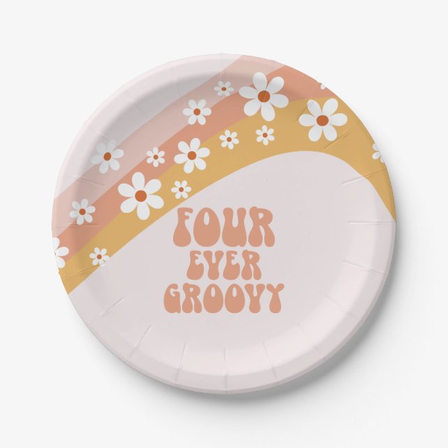 Vier je Groovy Retro Daisy Rainbow 4. Geburtstag Pappteller (Vorderseite)