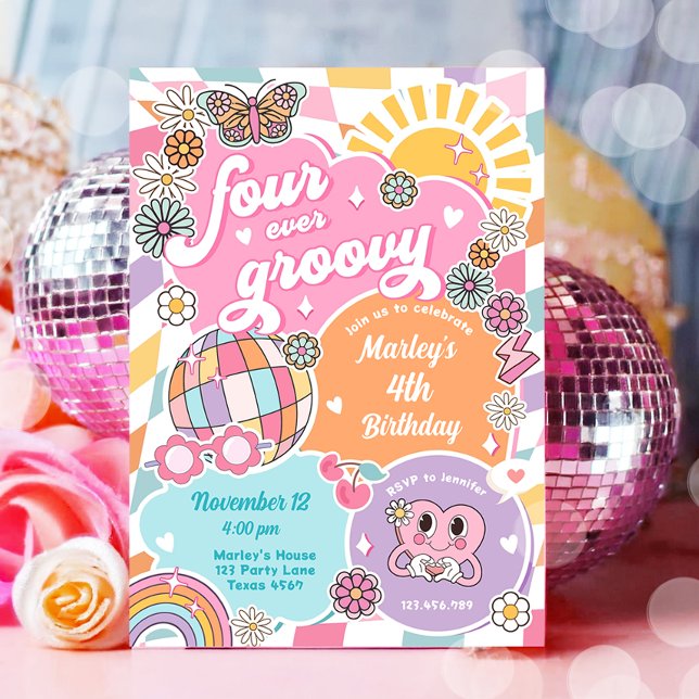 Vier je Groovy Retro Preppy Varsity Birthday Einladung (Von Creator hochgeladen)