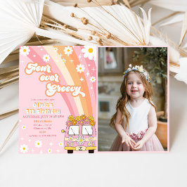 Vier je Groovy Retro Rainbow 4. Geburtstag Foto Einladung