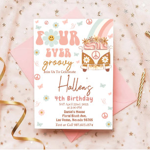 Vier je Groovy Retro Rainbow 4. Geburtstag Party Einladung