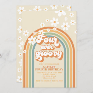 Vier je Groovy Retro Rainbow Daisy Geburtstag Einladung