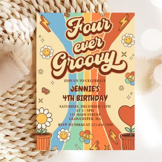 Vier je Groovy Retro Regenbogen 4. Geburtstag Einladung