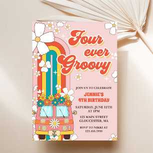 Vier je Groovy Retro Regenbogen 4. Geburtstag Einladung