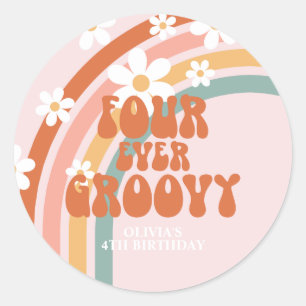Vier je Groovy Retro Regenbogen 4. Geburtstag Runder Aufkleber