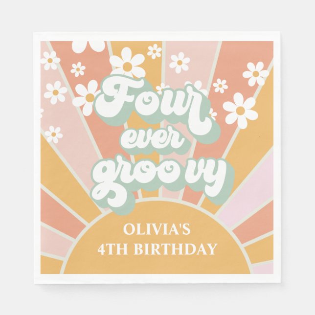 Vier je Groovy Retro Sunshine Geburtstag Serviette (Vorderseite)