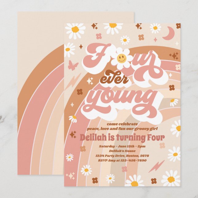 Vier Junge Groovy Regenbogen 4. Geburtstag Party Einladung (Vorne/Hinten)