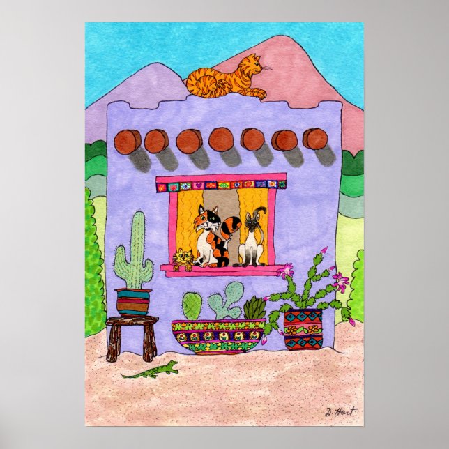 Vier Katzen in einem Lila Adobe House Poster (Vorne)