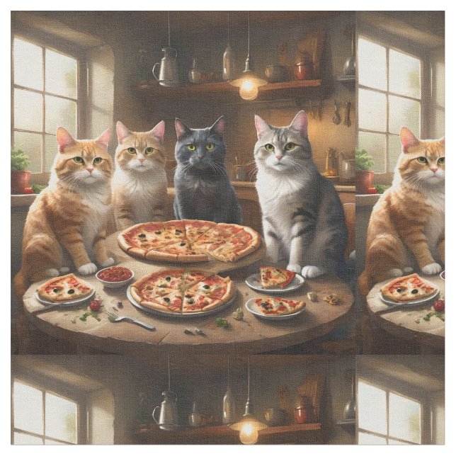 Vier Katzen mit Pizza zum Abendessen, Stoff (Nahaufnahme)