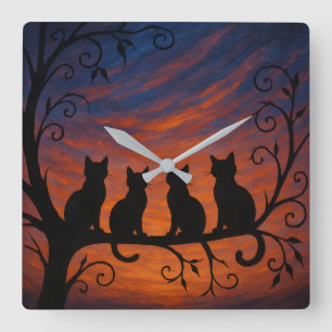 Vier Katzen-Silhouette Quadratische Wanduhr