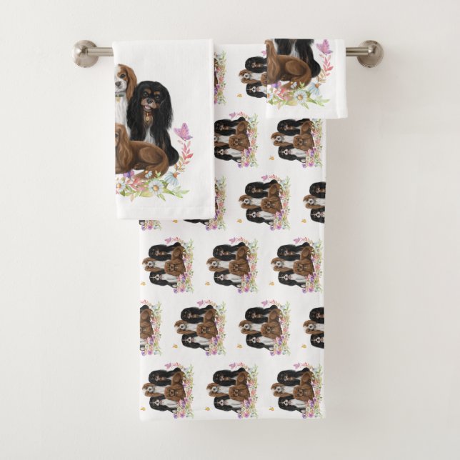 Vier Kavalier King Charles Spaniels in Blume     Badhandtuch Set (Insitu)