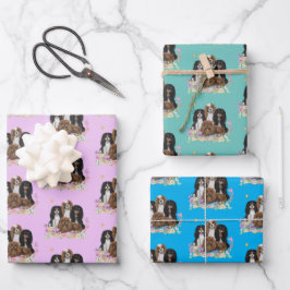 Vier Kavalier King Charles Spaniels in Blume Geschenkpapier Set