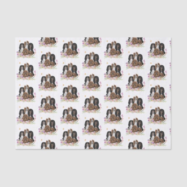 Vier Kavalier King Charles Spaniels in Blume   Seidenpapier (Vorderseite)
