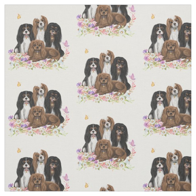 Vier Kavalier King Charles Spaniels in Blume  Stoff (Muster)