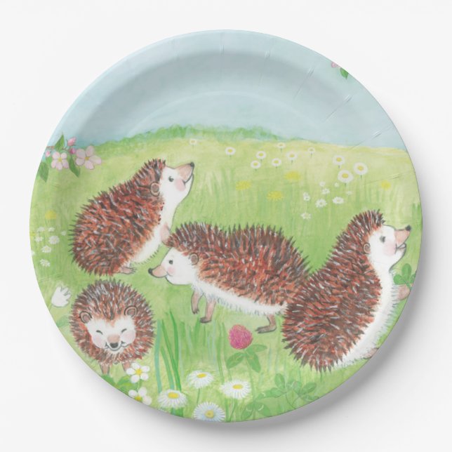Vier kleine Igel auf der Wiese Pappteller (Vorderseite)
